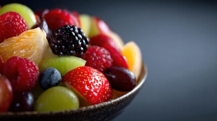 Fototapeta premium Vibrant assortment of fresh mixed fruits including strawberries, blackberries, grapes, blueberries, and oranges in a bowl with a blurred background for healthy eatin