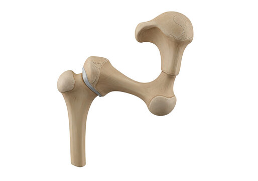 Human hip joint bone model with implant isolated on transparent background, png