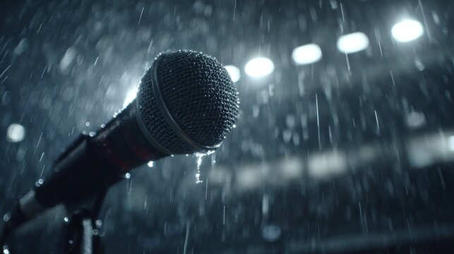Dramatic close-up of a professional microphone covered in raindrops during heavy rainfall on an outdoor stage or concert venue.