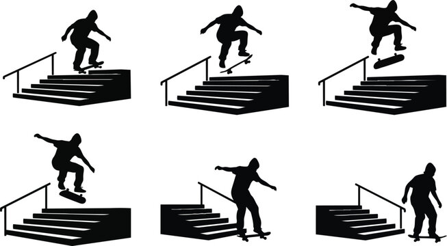 Professional skateboarders performing various complex tricks and jumps over urban concrete stairs while showcasing athletic skill and extreme sport agility captured in high contrast black silhouettes 