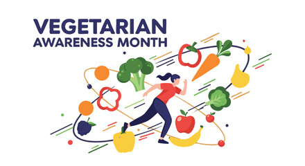 Fototapeta premium Woman dancing with colorful vegetables and fruits in playful vibrant illustration for Vegetarian Awareness Month