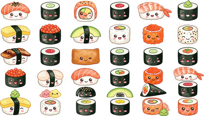 Cute Kawaii Sushi Character Collection Featuring Cartoon Japanese Food Rolls Nigiri and Seafood Flat Vector Illustrations © Najir