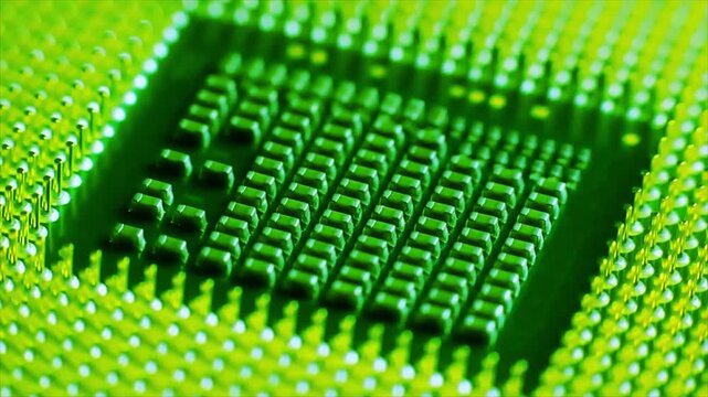 Close-up footage of green computer processor chip with circuit pattern