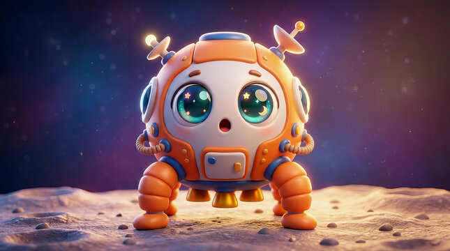 Cute orange robot astronaut with big eyes stands on a rocky alien planet surface under a starry space sky background.