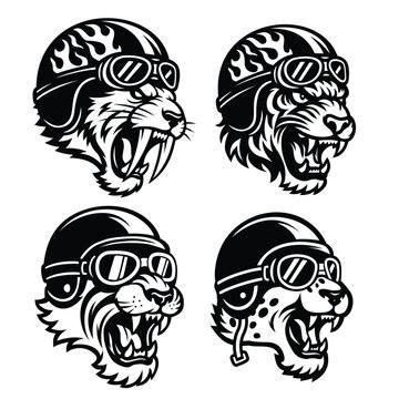 Rampaging Wild Tigers Head with Vintage Biker Helmet Bundle Set