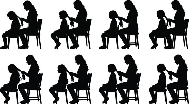 Mother brushing and braiding her daughter&rsquo;s long hair while they sit together on chairs in various poses to create a lovely bonding moment presented as silhouettes isolated on transparent background.