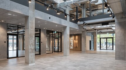 Naklejka premium Spacious Modern Open Plan Office Interior with Concrete Pillars and Natural Light