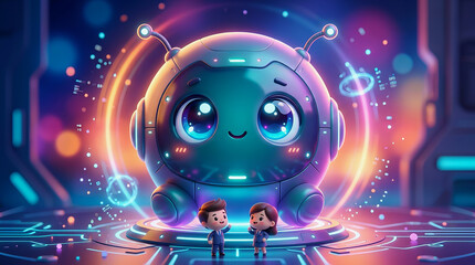 Fototapeta premium Cute robot with glowing eyes stands on a futuristic platform surrounded by two children in a vibrant sci fi environment filled with neon lights and digital effects.