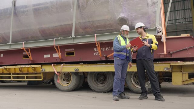 Logistics managers collaborating on a freight inspection at an industrial site, reviewing a manifest for a heavy equipment shipment before final transport.