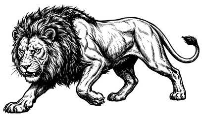 Powerful stalking lion black and white ink vector illustration isolated on white background © MdRabbi