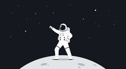 Astronaut standing on moon, pointing to stars, outer space exploration, adventure concept © Tora