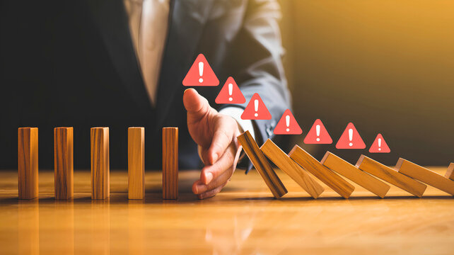 Business owner preventing falling dominoes with warning signs, concept of risk management and crisis prevention
