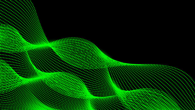 Abstract Futuristic Digital Technology Wave Background with Green Glowing Lines on Black. Design for Background, Backdrop, Wallpaper, Template, Poster, Banner, Presentation, Website.