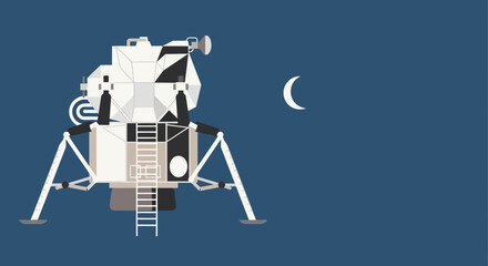 Lunar Lander Spacecraft on Moon Surface with Crescent Moon in Dark Blue Sky © Tora