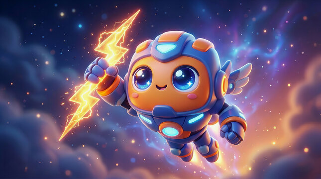 Cute robot superhero flying through space holding a lightning bolt, glowing with energy in a vibrant cosmic background.