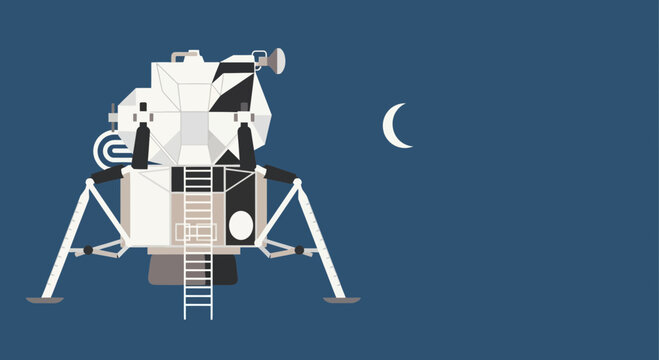 Lunar Lander Spacecraft on Moon Surface with Crescent Moon in Dark Blue Sky
