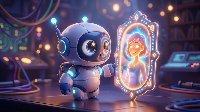 Cute robot holding glowing mirror with reflection of smiling girl in futuristic workshop setting