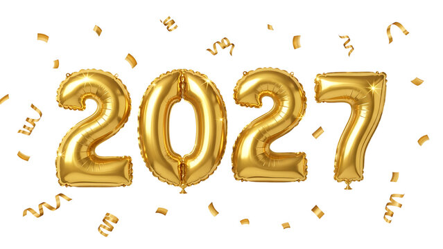 Golden 2027 Balloons with Confetti on White Background