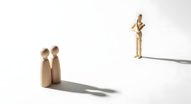 Two wooden figures talking while another person thinks.