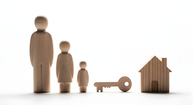 Wooden family figures house key and home represent ownership concept.