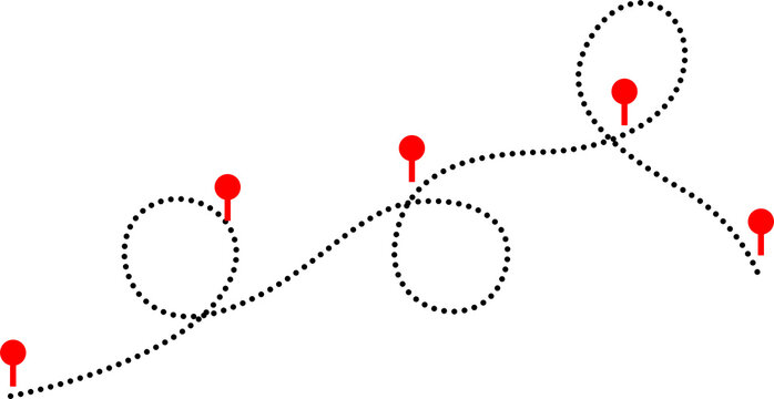 Dotted path with red location pins and circles isolated on transparent background