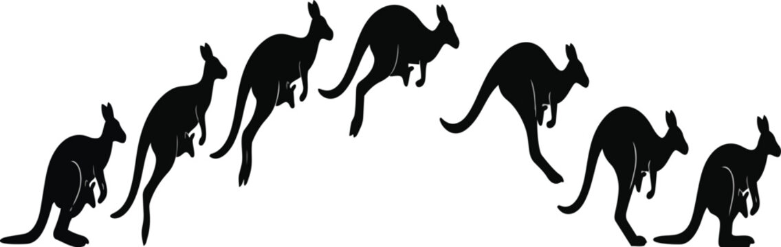 Several black silhouettes of jumping kangaroos showing the natural movement sequence of a mother and her joey as they travel together across the landscape presented as an isolated icon on transparent 