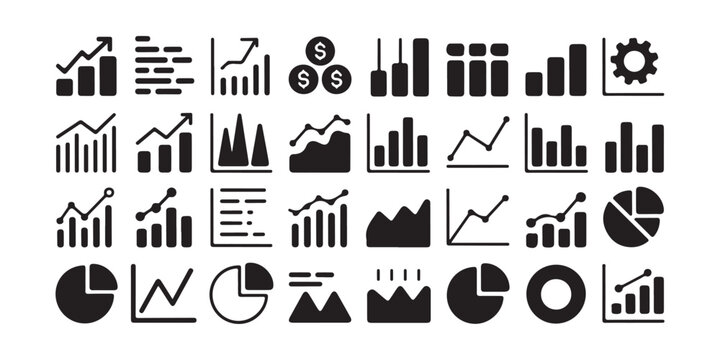 Business data visualization icon set featuring bar charts, line graphs, and pie charts in black silhouette style.