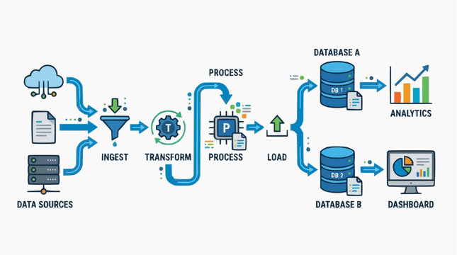 Data Processing Pathway: A visual representation of data transformation, illustrating the flow from data sources through stages of ingestion, transformation.