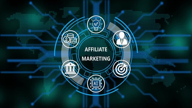 &ldquo;Affiliate marketing , Artificial Intelligence, and Global Business Network Technology Concept&rdquo;. Digital circuit board on world background. Representing artificial intelligence, and future technology