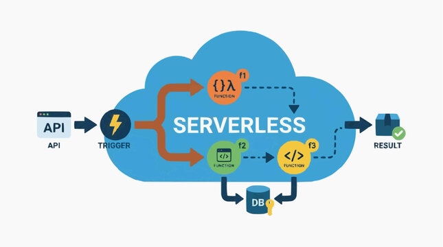 Serverless Cloud Technology: An illustration shows the seamless flow of data in serverless technology, highlighting its agility, scalability, and efficiency.