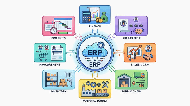 ERP System Integration: A colorful illustration showcasing the interconnected modules within an Enterprise Resource Planning (ERP) system.