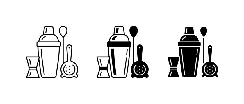 Cocktail Bar Tools Set, Bartending Equipment Icons, Mixology Accessories Collection, Barware Essentials Vector Graphics