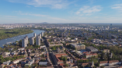 Fototapeta premium Drone view of Zemun municipality and Belgrade cityscape, capital of Serbia.