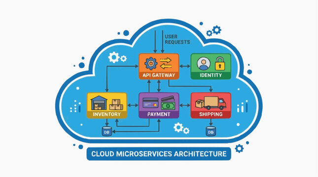 Cloud Microservices Architecture: A clear visual representation of cloud microservices architecture, illustrating various essential components such as API gateway, identity, inventory, payment.