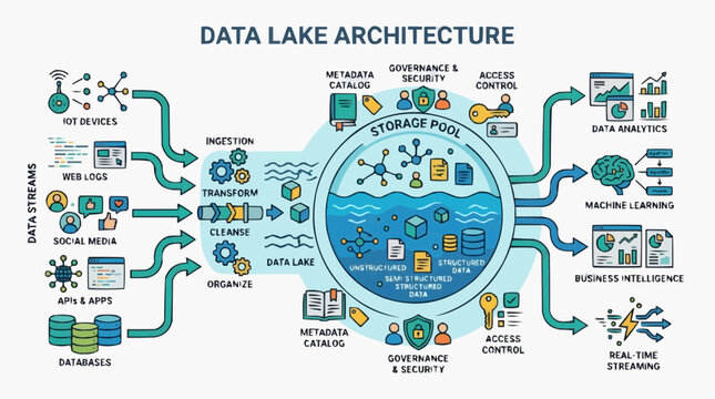 Data Lake Architecture Diagram: An intricate illustration of a data lake's architecture, showcasing the flow of data from various sources to storage, processing, and analysis.