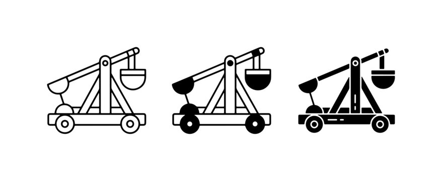 Medieval Siege Weapon Icons, Catapult and Trebuchet Vector Graphics, Historical Warfare Machines Set