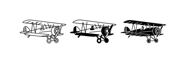 Vintage Biplane Vector Icons, Retro Aircraft Silhouettes, Classic Aviation Graphics for Transportation and Travel Themes © Md