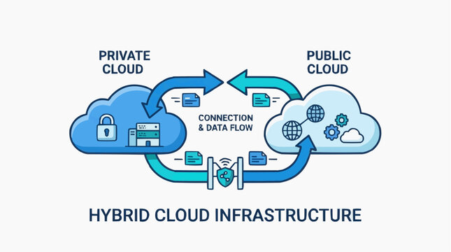 Hybrid Cloud Infrastructure: Visual depiction of a hybrid cloud infrastructure, showcasing the interplay of private and public cloud environments.