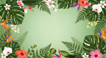 Obraz premium Colorful Tropical Jungle Floral Border Background with Exotic Leaves