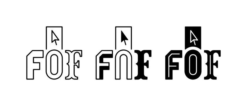 Three variations of the text 'FOF' with a cursor icon, representing design elements, editable text, and graphic resources.
