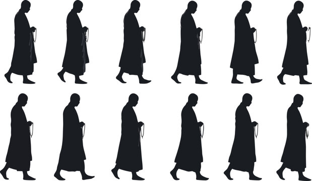 Multiple silhouettes of a buddhist monk in traditional robes walking slowly while holding prayer beads in his hands to perform a peaceful meditation practice as isolated elements on transparent backgr
