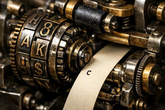 Vintage Mechanical Printing Device with Paper Tape and Letter 'C'