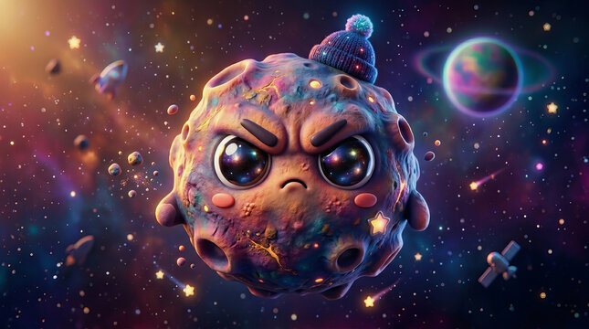 Angry cartoon asteroid with big eyes and winter hat floats in colorful starry space with planets and satellites nearby.
