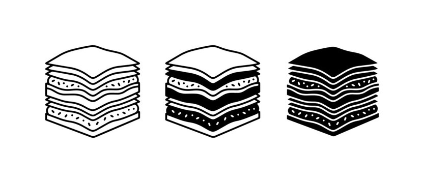 Layered Dessert Icons, Baklava Vector Graphics, Sweet Pastry Symbols, Food Illustration Set, Outline and Silhouette Styles