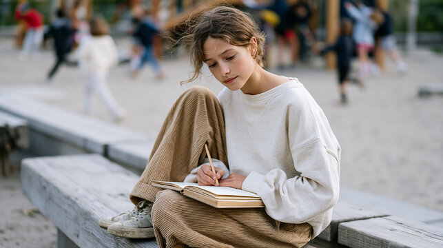 Girl sits alone on playground bench writing in journal while classmates play in background, recent bullying incident aftermath, school social exclusion, parent-guided coping