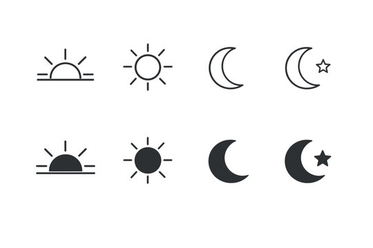 Celestial body icons representing sunrise, sunset, full moon, and crescent moon with star, in outline and filled styles, suitable for various digital and print applications
