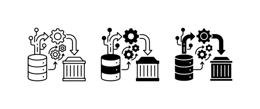 Data Processing Icons, Database to Building Flow, Technology and Finance Concepts, Vector Set