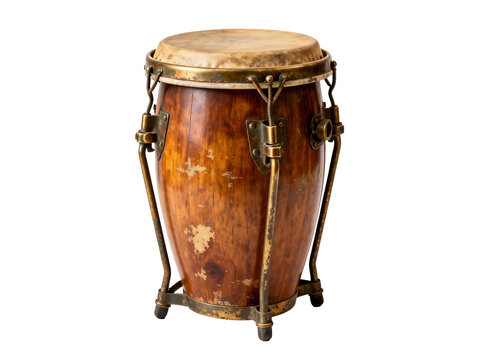 [Transparent Background PNG]Vintage Wooden Conga Drum with Brass Hardware on White Background