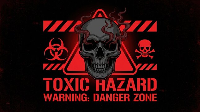 Toxic hazard warning sign with skull and biohazard symbol