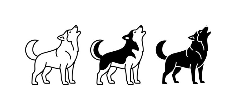 Howling Wolf Vector Icons, Silhouette and Outline Styles, Wild Animal Graphics, Canine Art